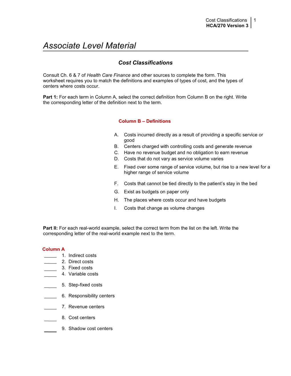 Cost Classifications