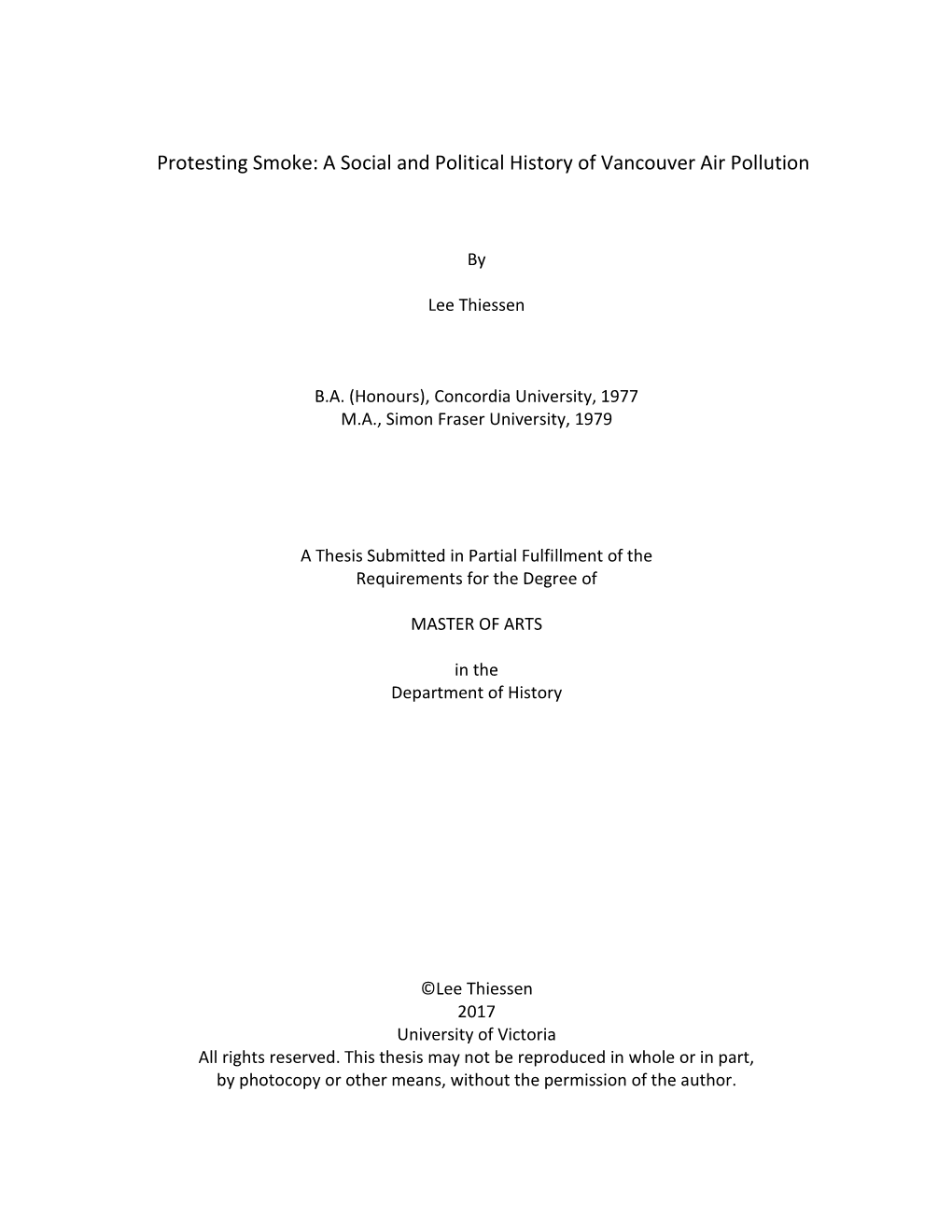 Protesting Smoke: a Social and Political History of Vancouver Air Pollution