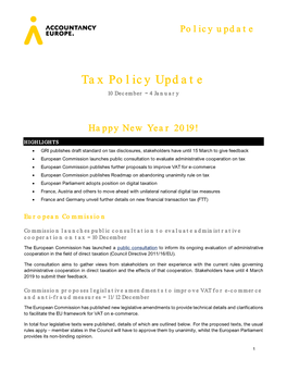 Tax Policy Update 10 December 4 January