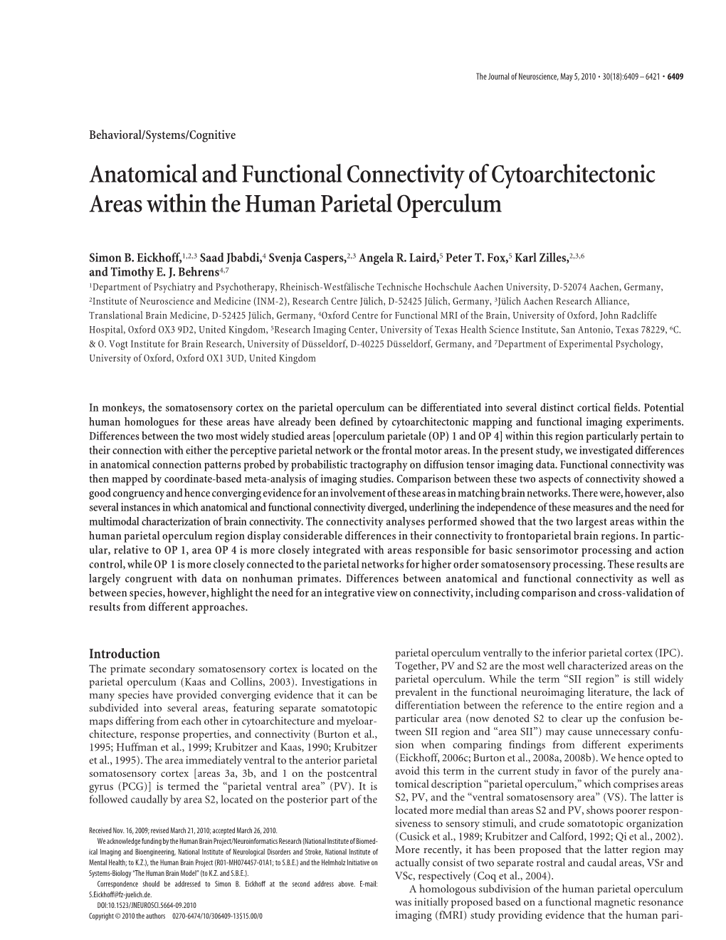 Anatomical and Functional Connectivity of Cytoarchitectonic Areas Within the Human Parietal Operculum