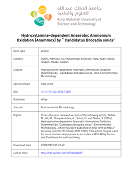 Hydroxylamine‐Dependent Anaerobic Ammonium