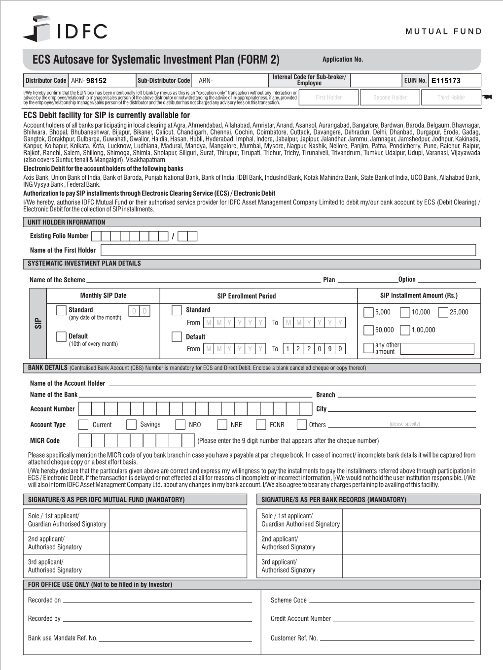 ECS Autosave for Systematic Investment Plan (FORM 2) Application No