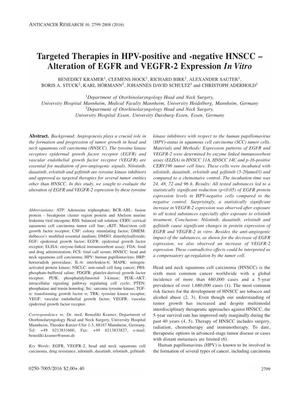 Negative HNSCC – Alteration of EGFR and VEGFR-2 Expression in Vitro