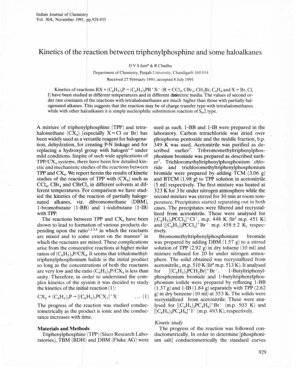 Kinetics of the Reaction Between Triphenylphosphine and Some Haloalkanes