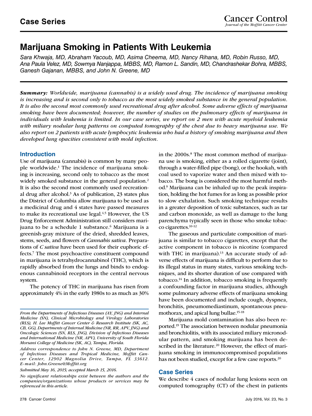 Marijuana Smoking in Patients with Leukemia