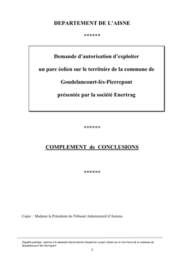 DEPARTEMENT DE L'aisne ****** Demande D'autorisation D'exploiter