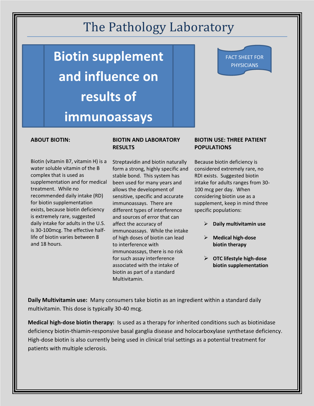 Biotin Physician Fact Sheet