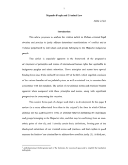 1 Mapuche People and Criminal Law Jaime Couso Introduction This Article Proposes to Analyze the Relative Deficit in Chilean Crim