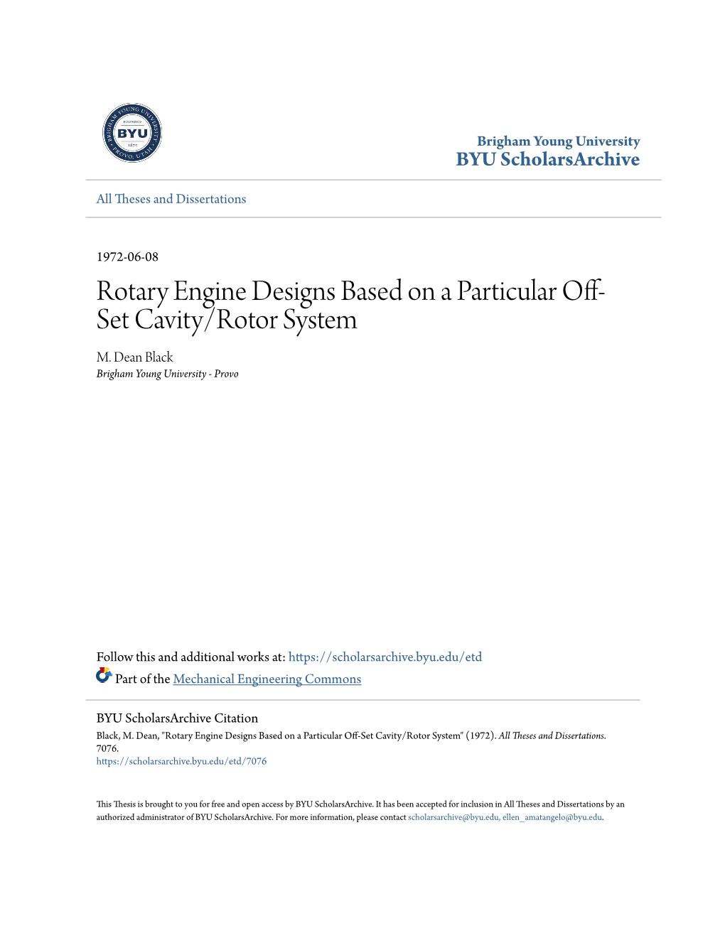 Rotary Engine Designs Based on a Particular Off-Set Cavity/Rotor System" (1972)