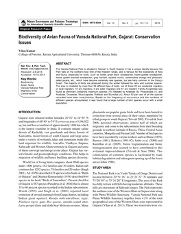 Biodiversity of Avian Fauna of Vansda National Park, Gujarat: Conservation Issues