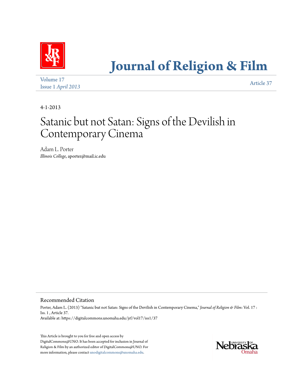 Satanic but Not Satan: Signs of the Devilish in Contemporary Cinema Adam L