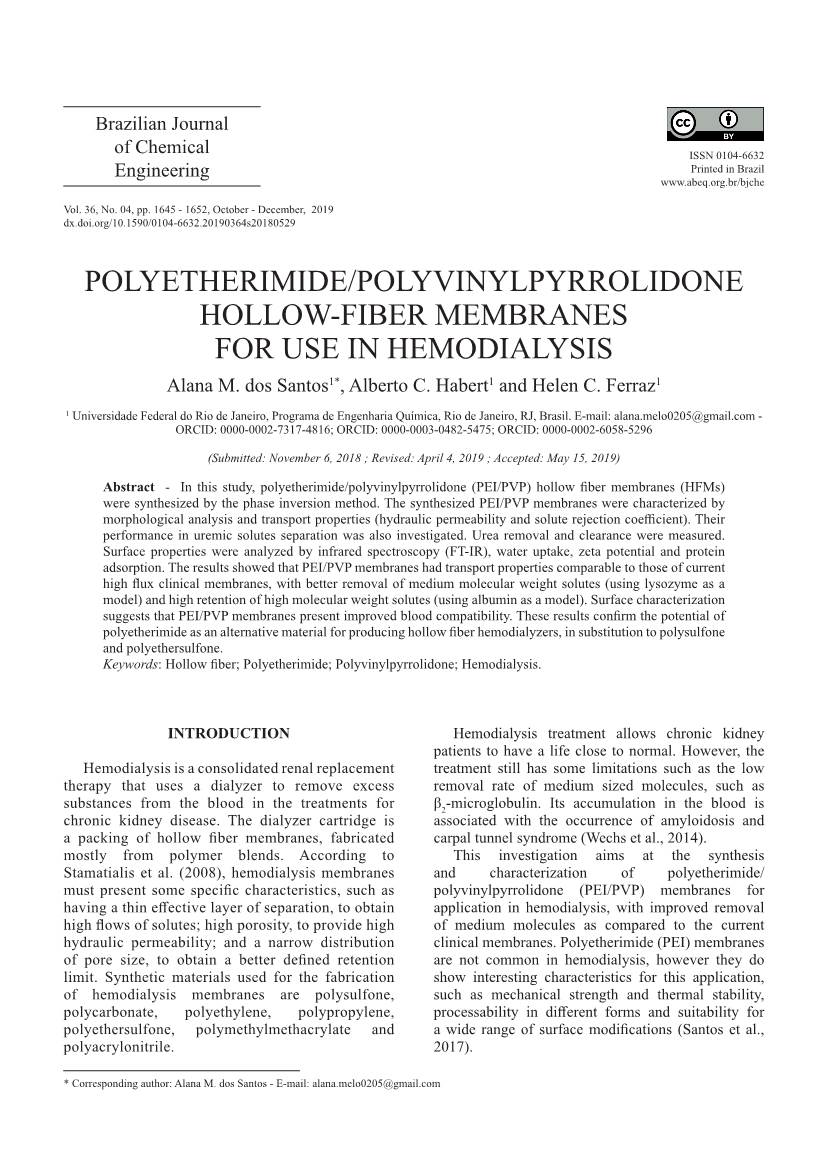 POLYETHERIMIDE/POLYVINYLPYRROLIDONE HOLLOW-FIBER MEMBRANES for USE in HEMODIALYSIS Alana M