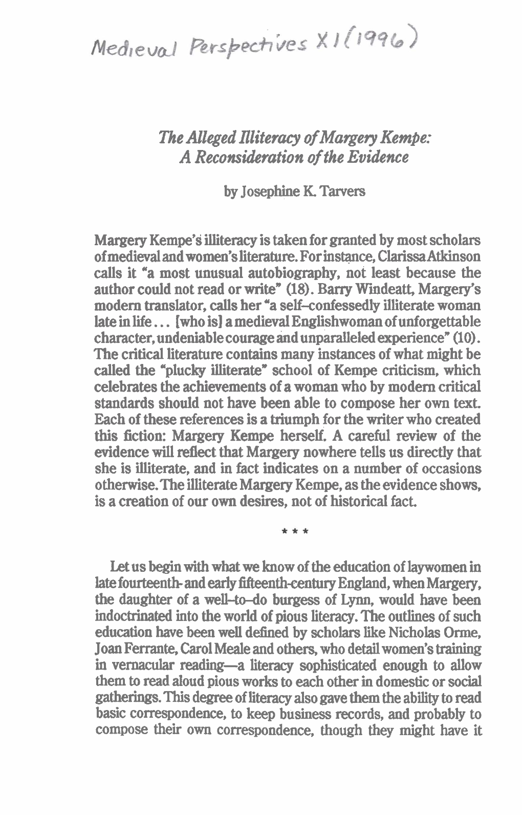 The Alleged Illiteracy of Mamery Kempe: a Reconsideration of the Evidence by Josephine K