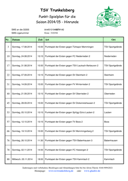 TSV Trunkelsberg Punkt-Spielplan Für Die Saison 2014/15 - Hinrunde