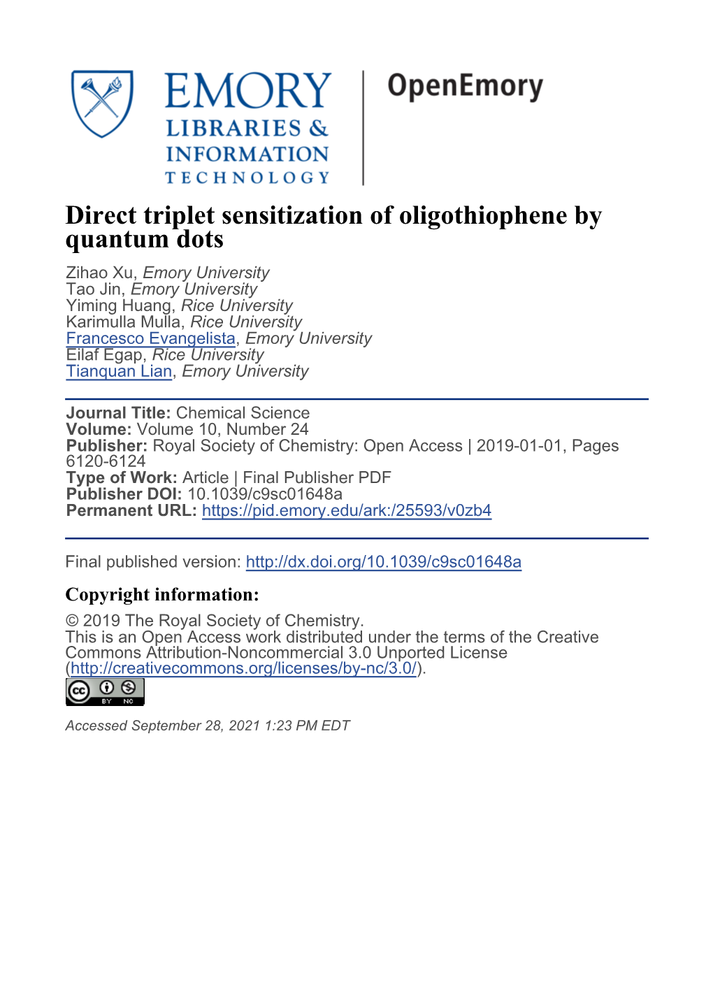 Direct Triplet Sensitization of Oligothiophene by Quantum Dots