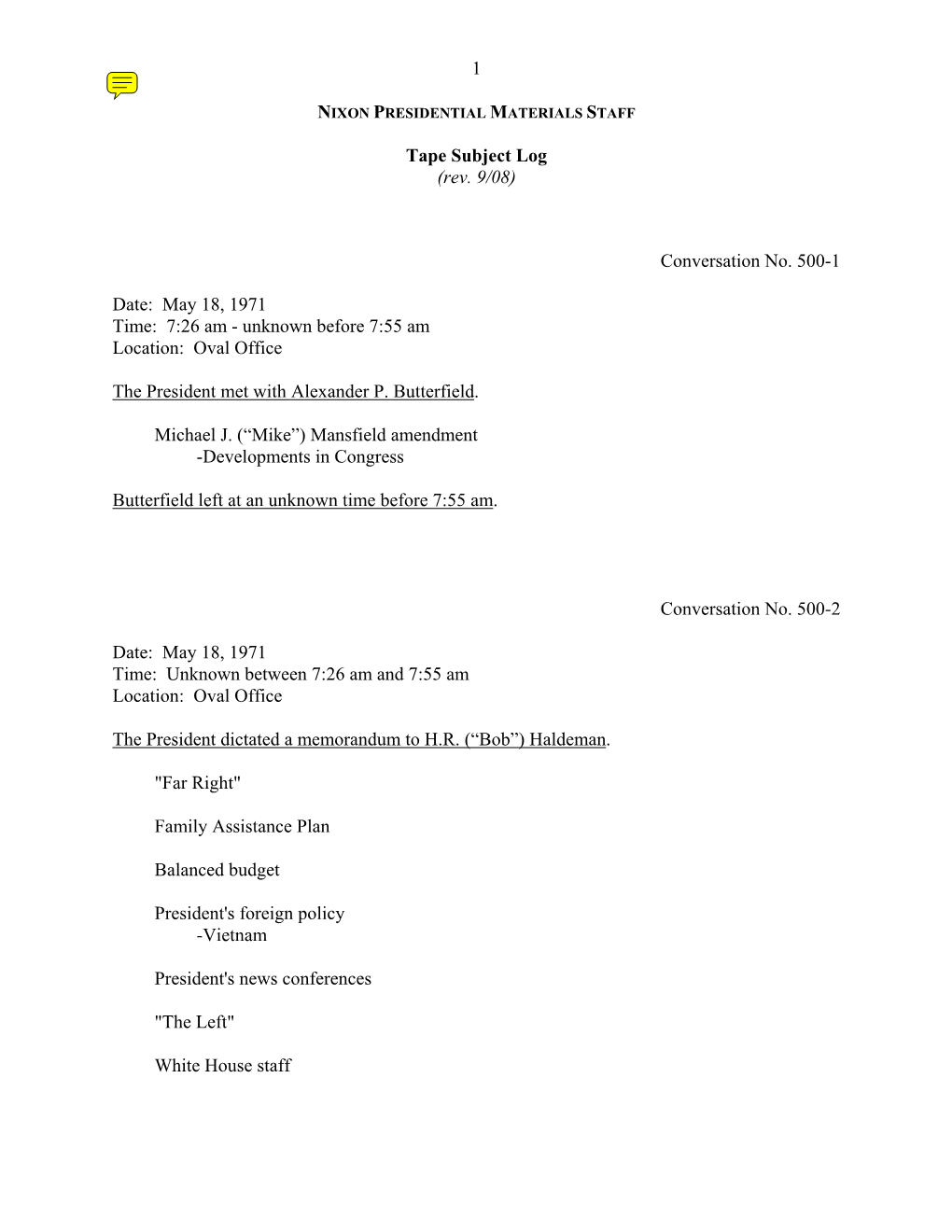 Oval #500: May 18, 1971 [Complete Tape Subject Log]