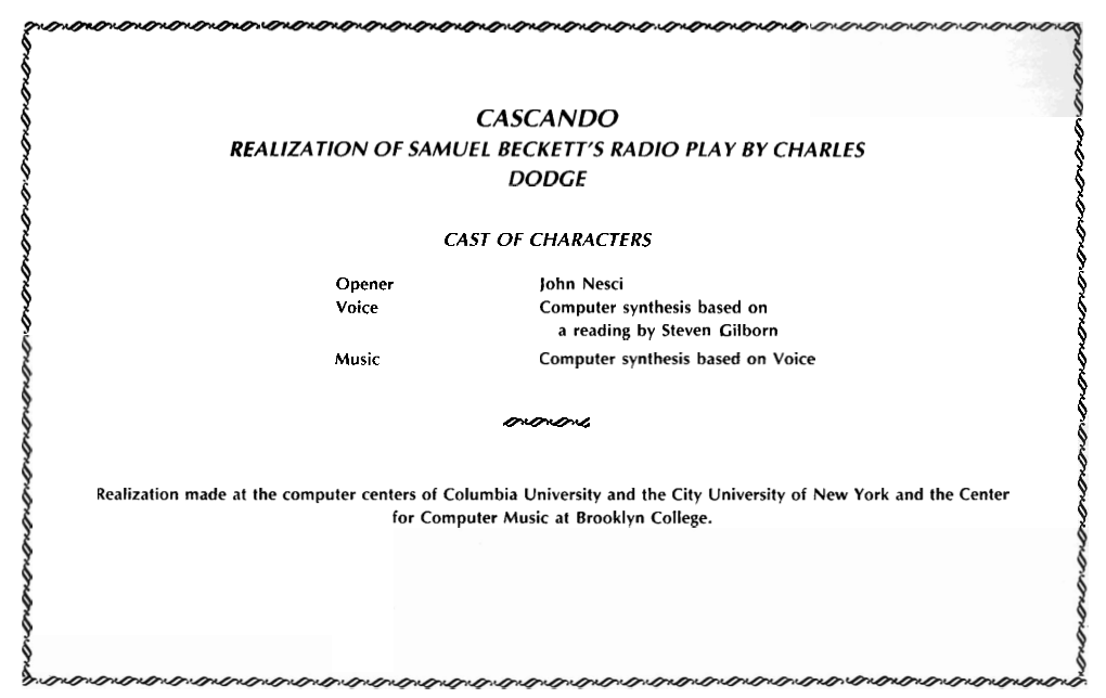 Casca Ndo Realization of Samuel Beckett's Radio Play by Charles I-@---- Dodge Cast of Characters