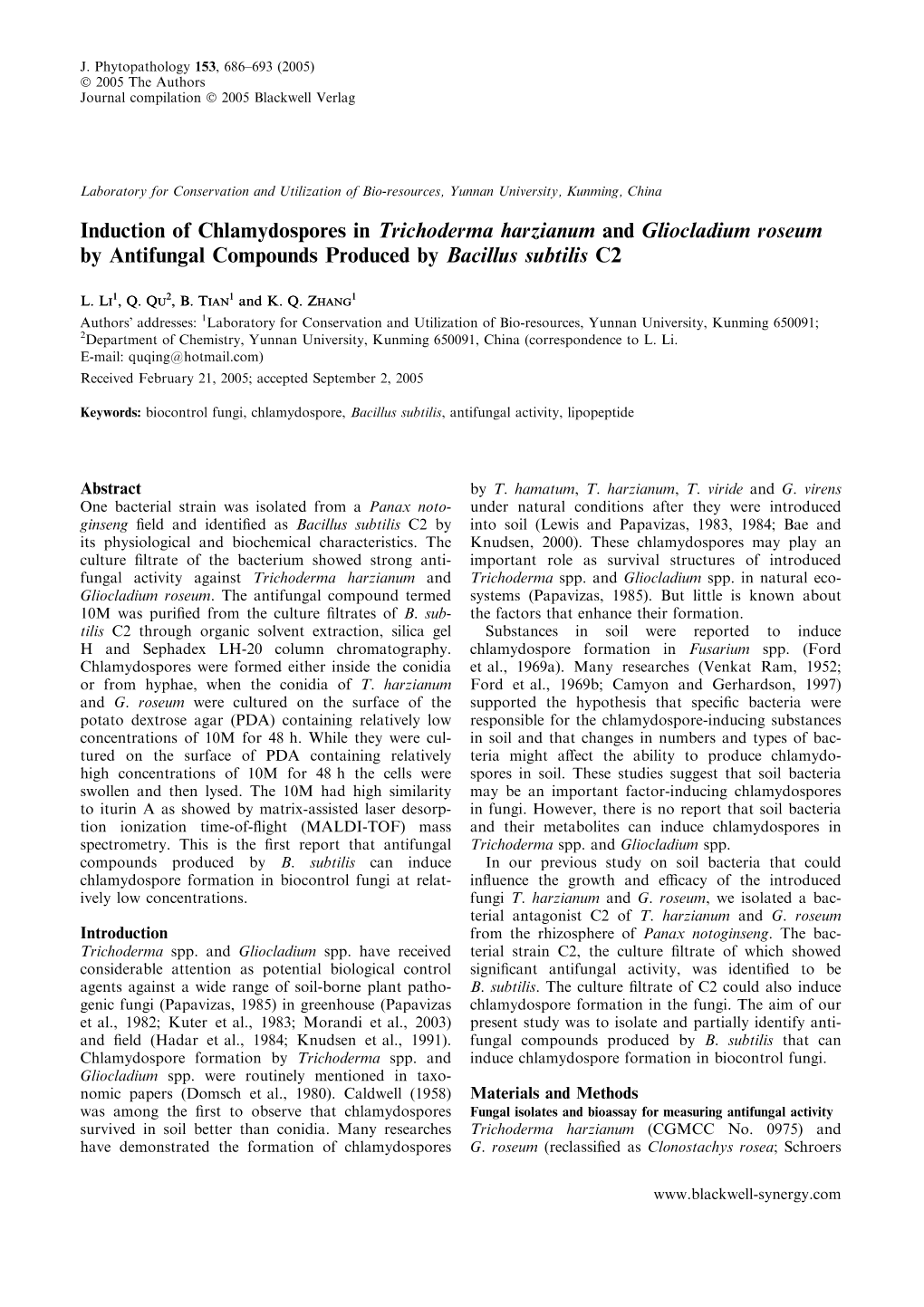 Induction of Chlamydospores in Trichoderma Harzianum and Gliocladium Roseum by Antifungal Compounds Produced by Bacillus Subtilis C2
