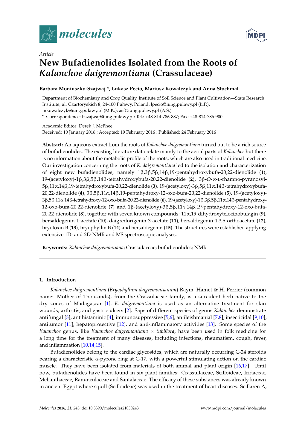 New Bufadienolides Isolated from the Roots of Kalanchoe Daigremontiana (Crassulaceae)