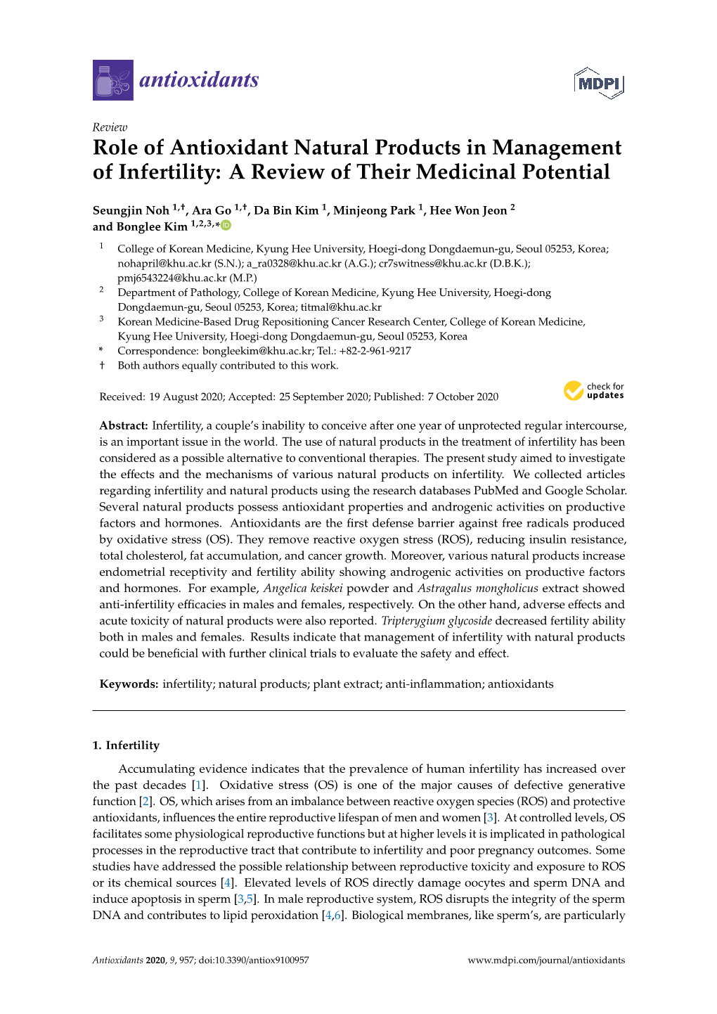 Role of Antioxidant Natural Products in Management of Infertility: a Review of Their Medicinal Potential