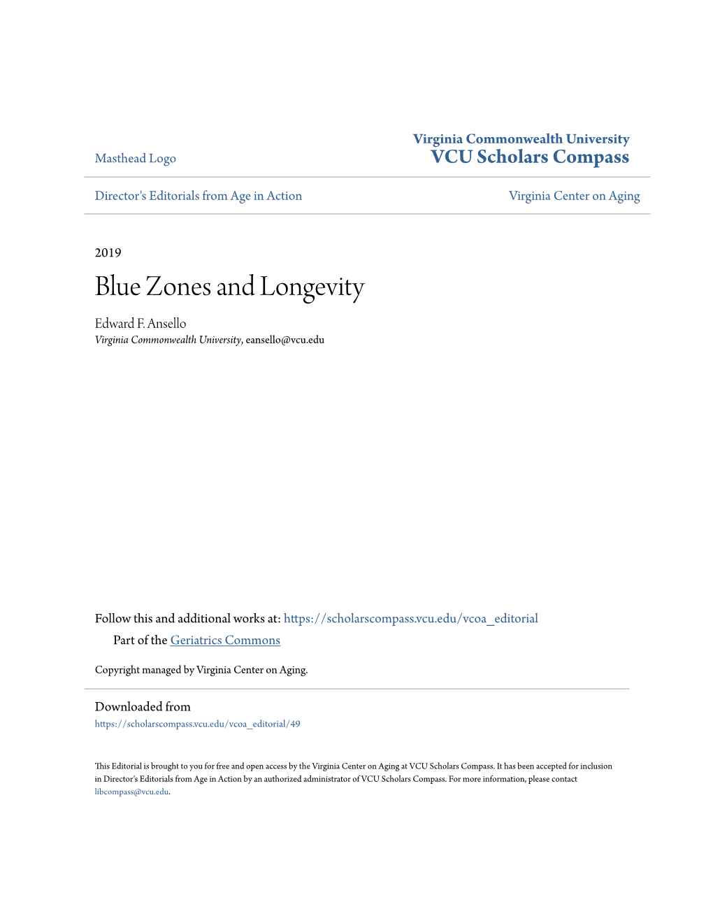 Blue Zones and Longevity Edward F
