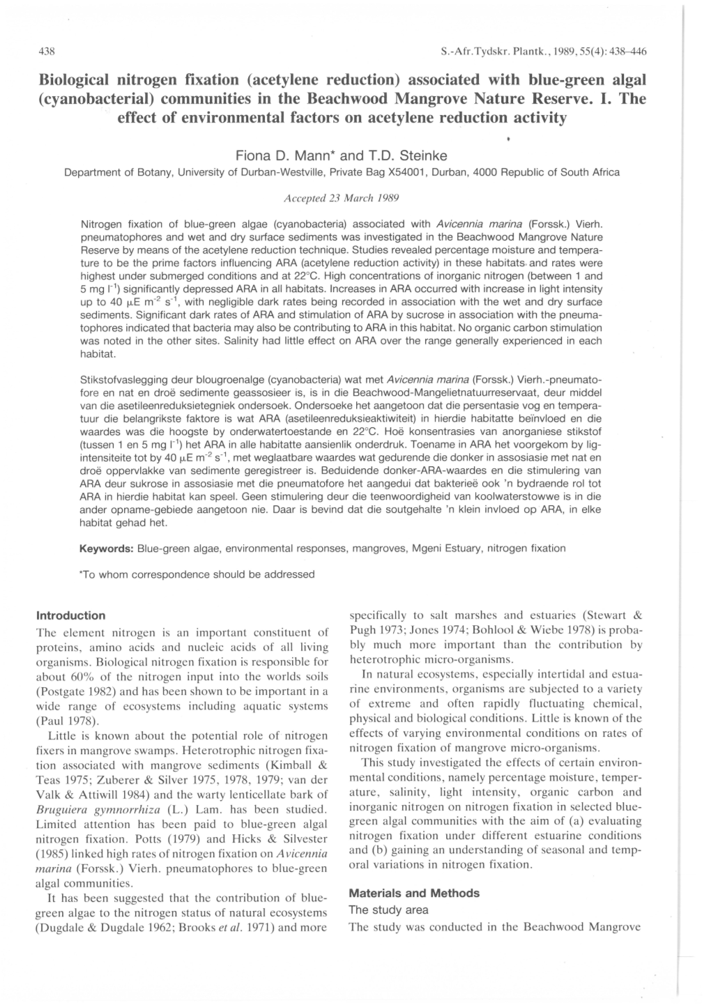 Biological Nitrogen Fixation (Acetylene Reduction) Associated with Blue ...