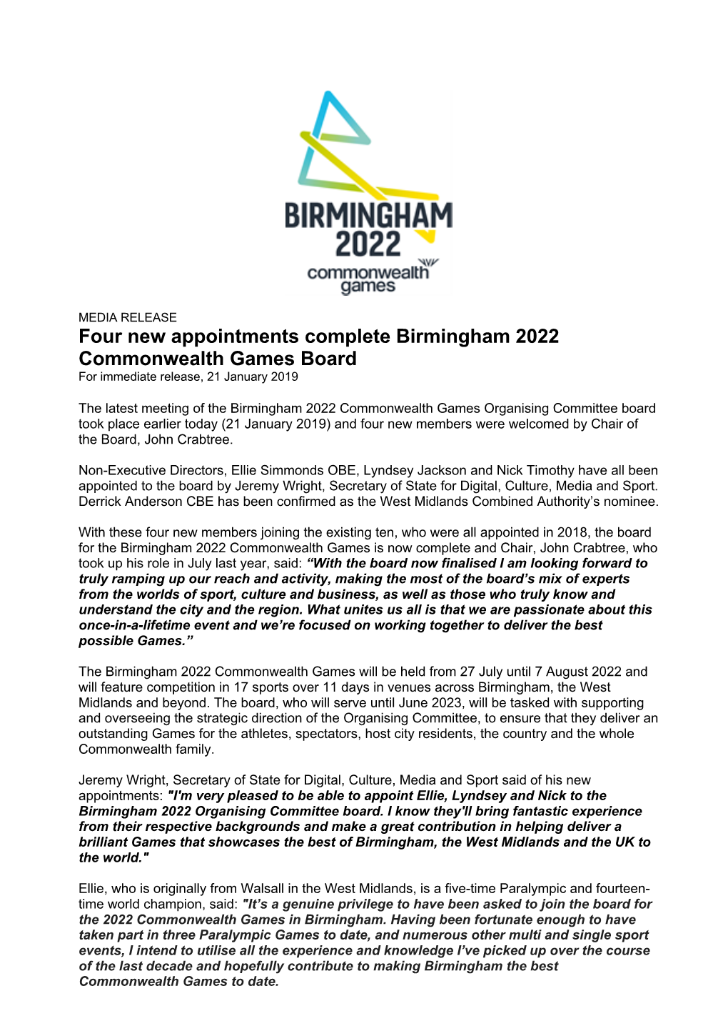 Appointed to the Birmingham 2022 Board