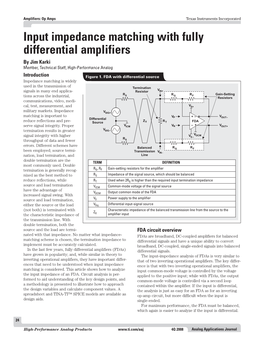 Input Impedance Matching with Fully Differential Amplifiers by Jim Karki Member, Technical Staff, High-Performance Analog