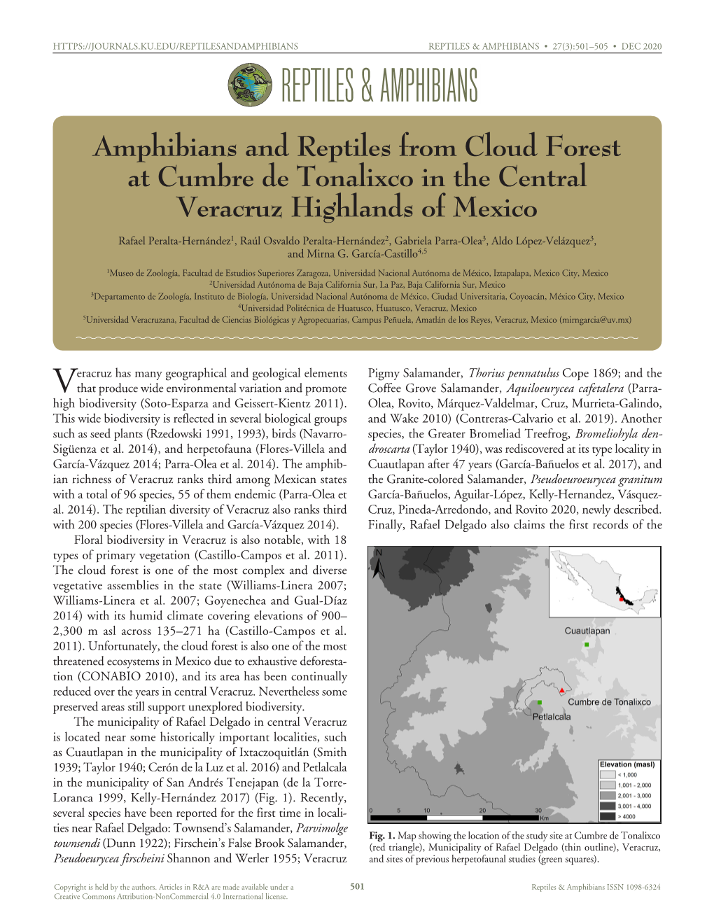 Amphibians and Reptiles from Cloud Forest at Cumbre De Tonalixco in the Central Veracruz Highlands of Mexico