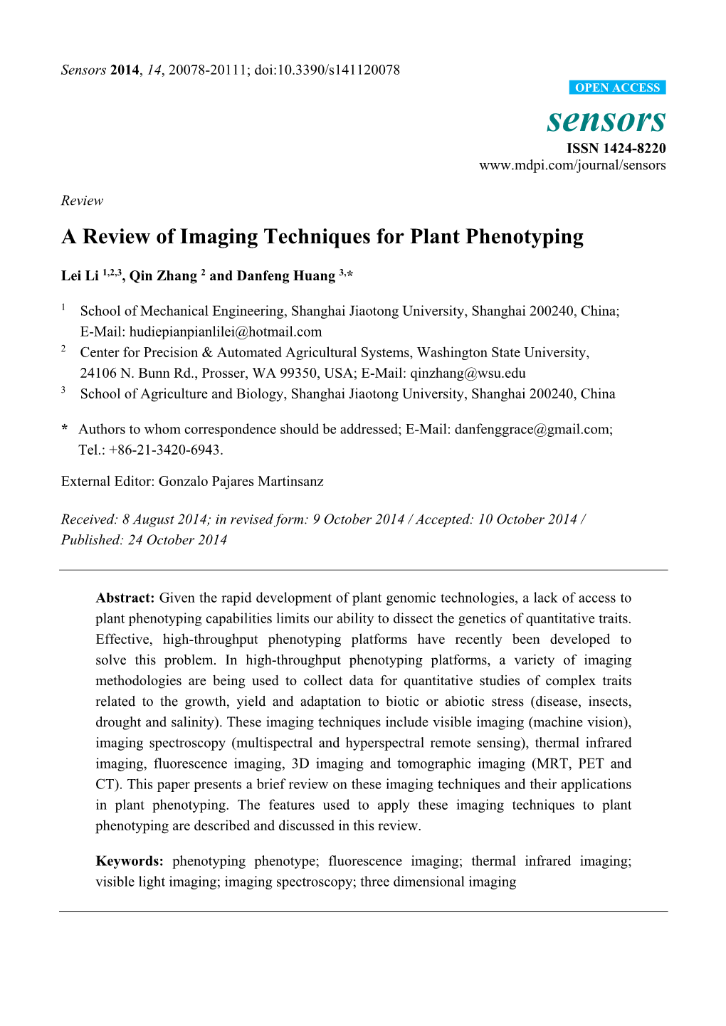 A Review of Imaging Techniques for Plant Phenotyping
