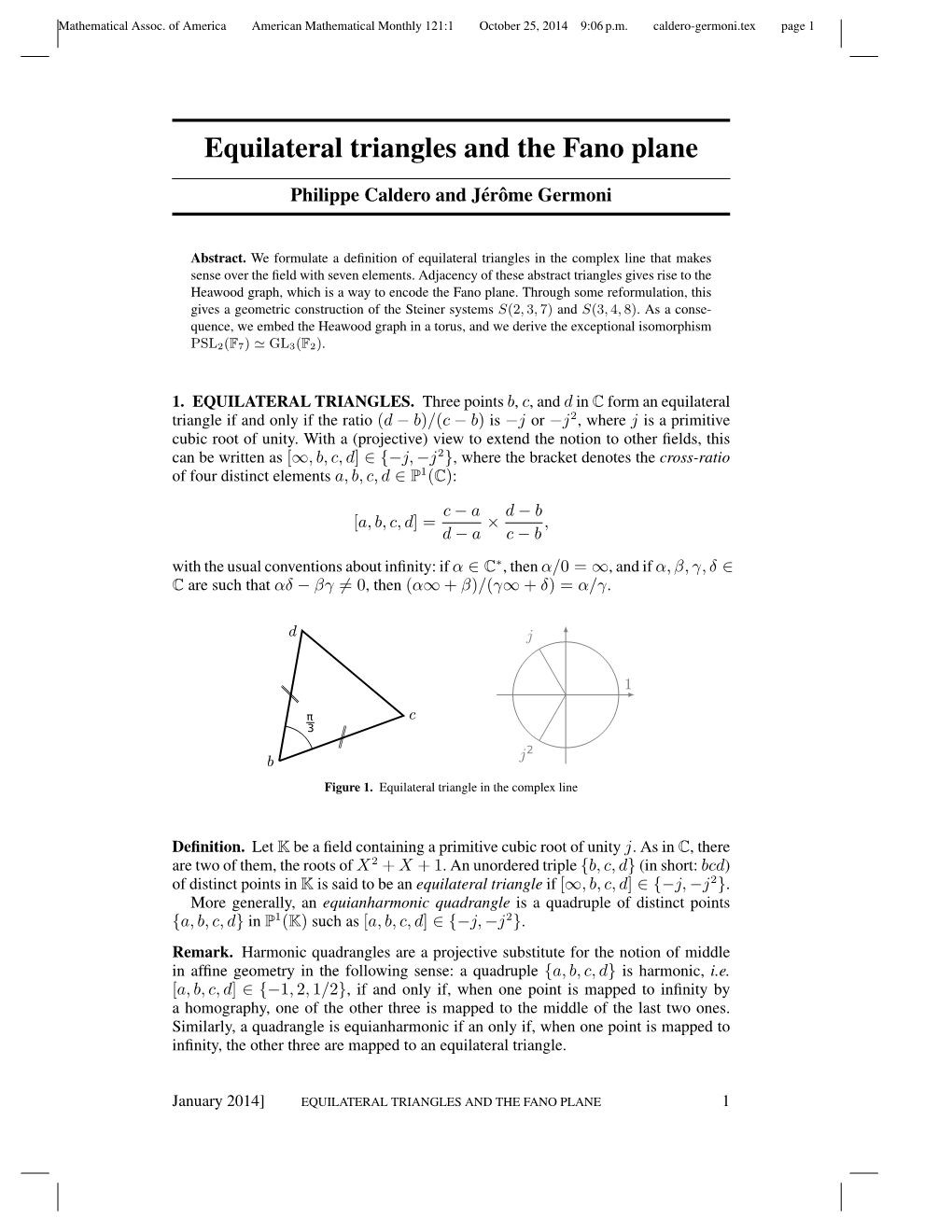 Equilateral Triangles and the Fano Plane