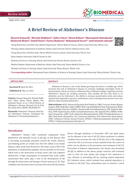 A Brief Review of Alzheimer's Disease