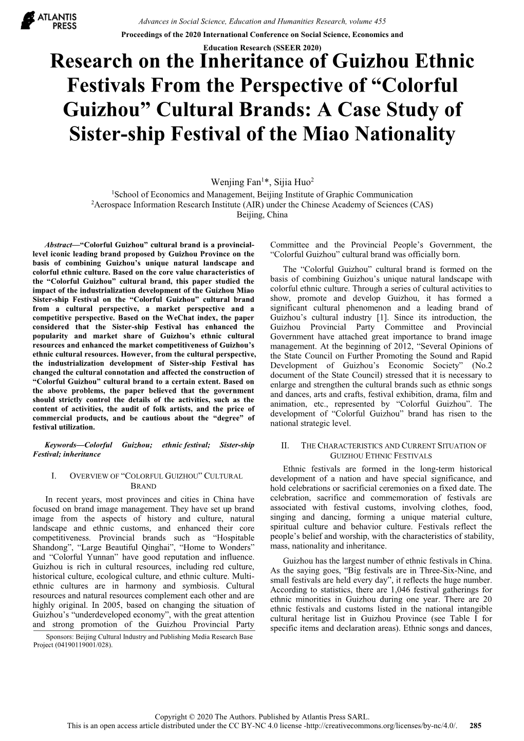 Colorful Guizhou” Cultural Brands: a Case Study of Sister-Ship Festival of the Miao Nationality