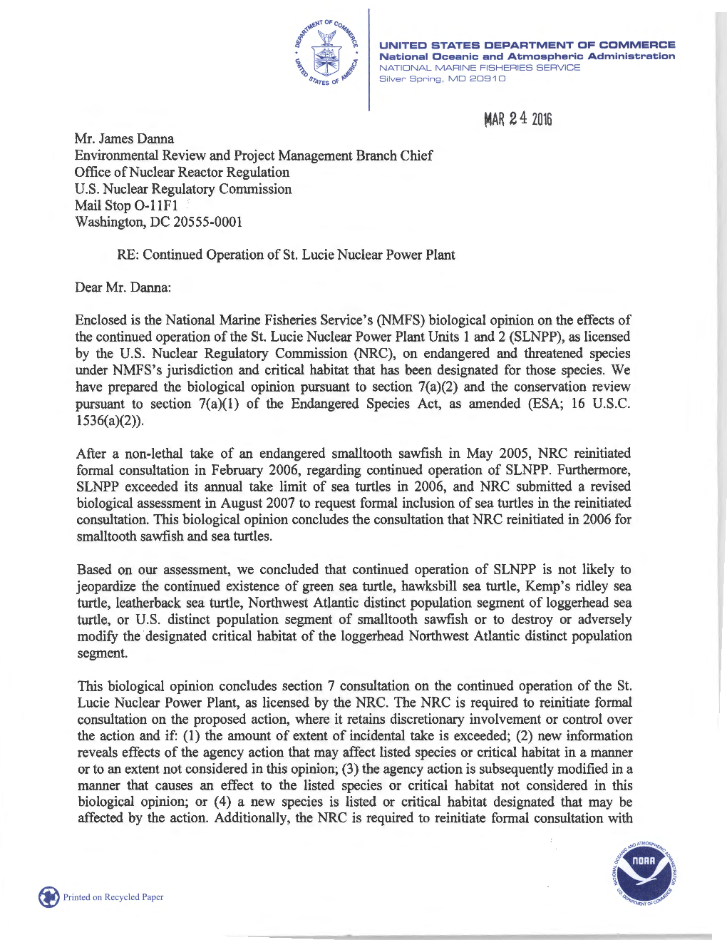 Submittal of Biological Opinion for the Continued Operation of St. Lucie Nuclear Power Plant, Units 1 and 2 in St. Lucie County