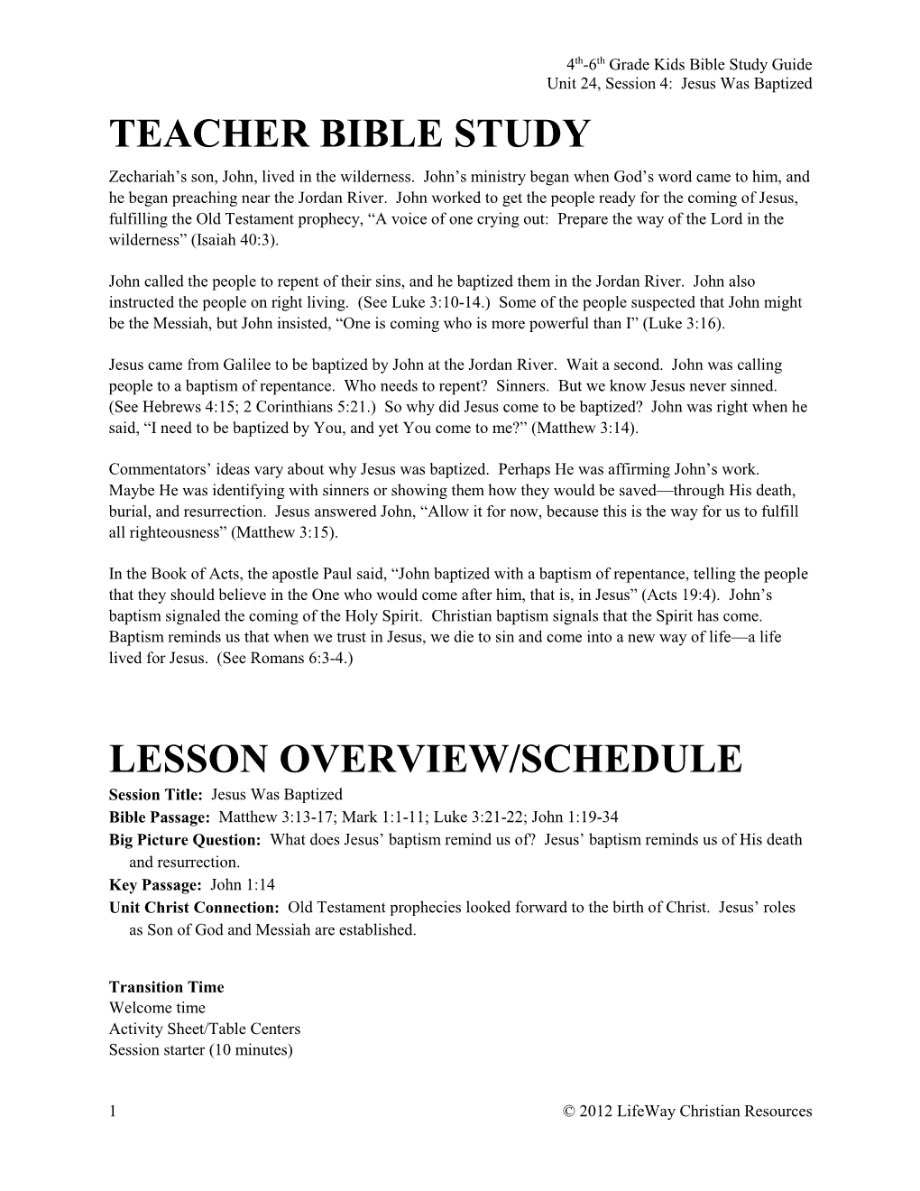 Teacher Bible Study Lesson Overview