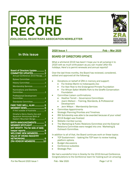 For the Record Zoological Registrars Association Newsletter