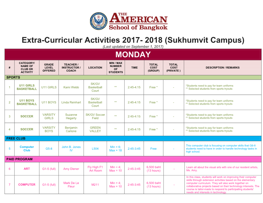 Extra-Curricular Activities 2017- 2018 (Sukhumvit Campus) (Last Updated on September 1, 2017)
