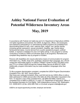 Ashley National Forest Evaluation of Potential Wilderness Inventory Areas May, 2019