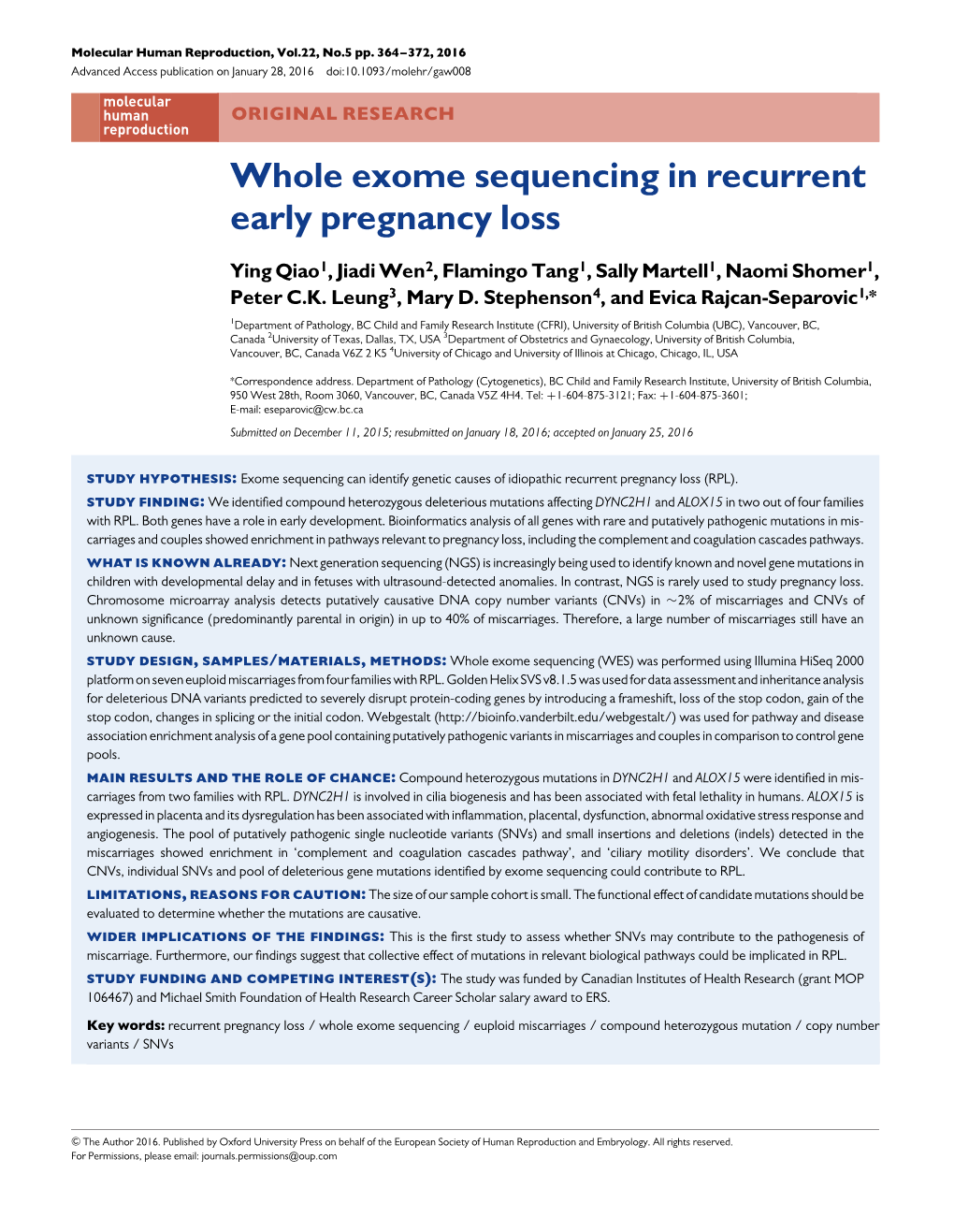 Whole Exome Sequencing in Recurrent Early Pregnancy Loss