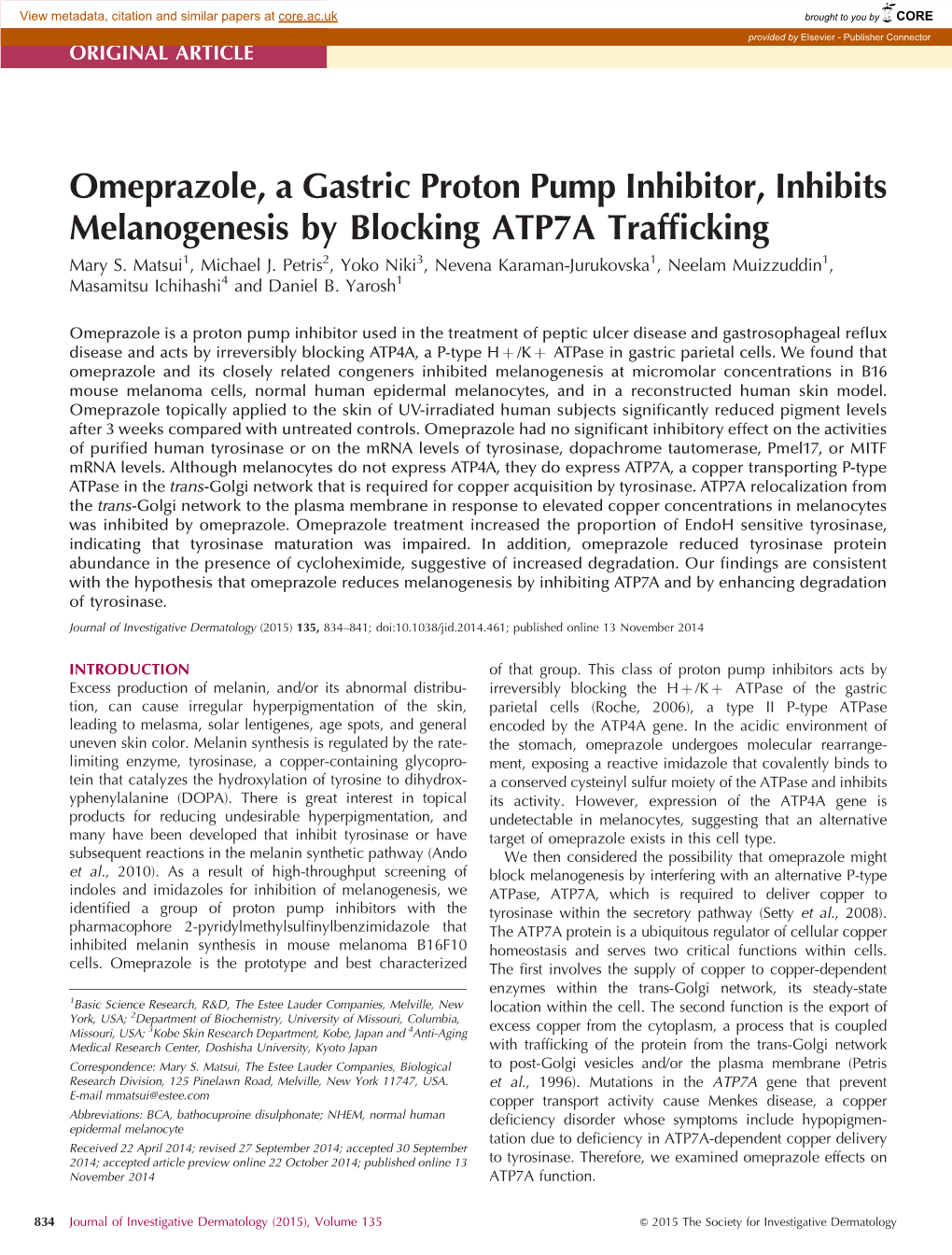 Omeprazole, a Gastric Proton Pump Inhibitor, Inhibits Melanogenesis by Blocking ATP7A Trafficking