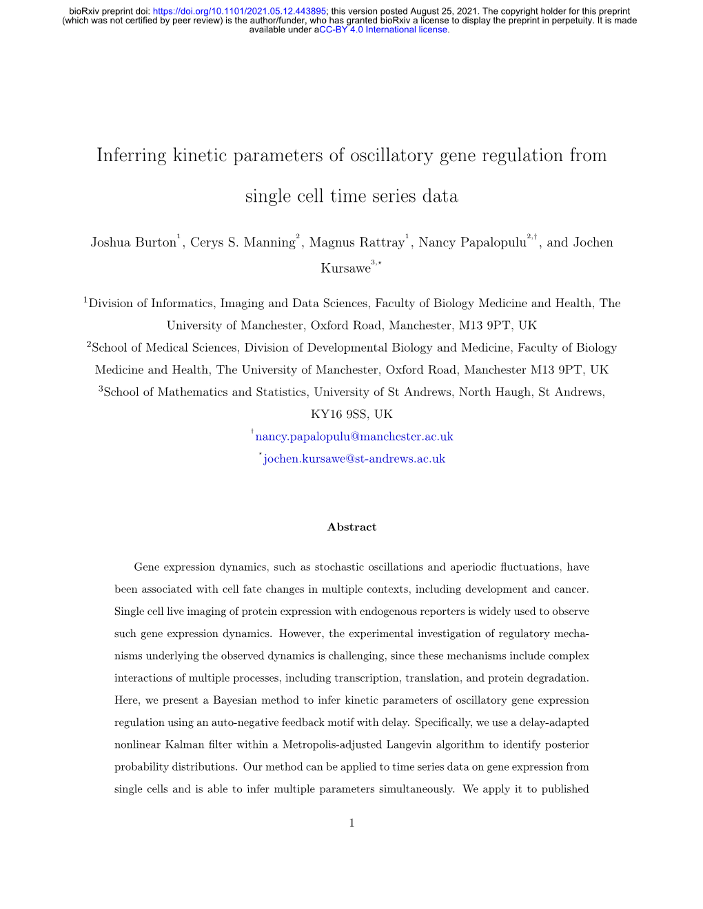 Inferring Kinetic Parameters of Oscillatory Gene Regulation from Single Cell Time Series Data