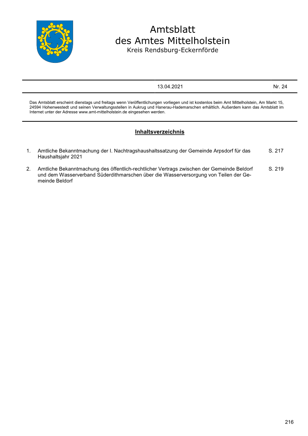 Amtsblatt Des Amtes Mittelholstein Kreis Rendsburg-Eckernförde