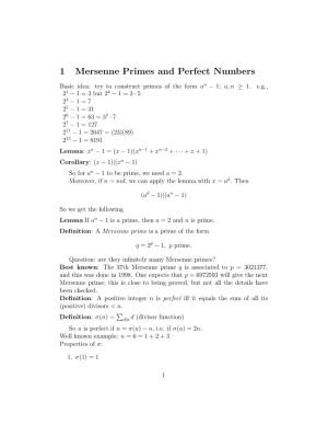 1 Mersenne Primes and Perfect Numbers