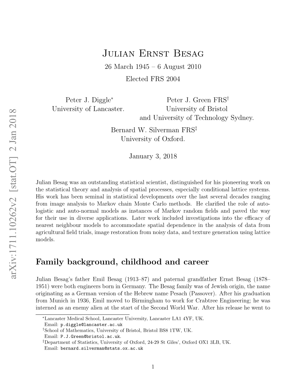 Julian Ernst Besag Arxiv:1711.10262V2 [Stat.OT]