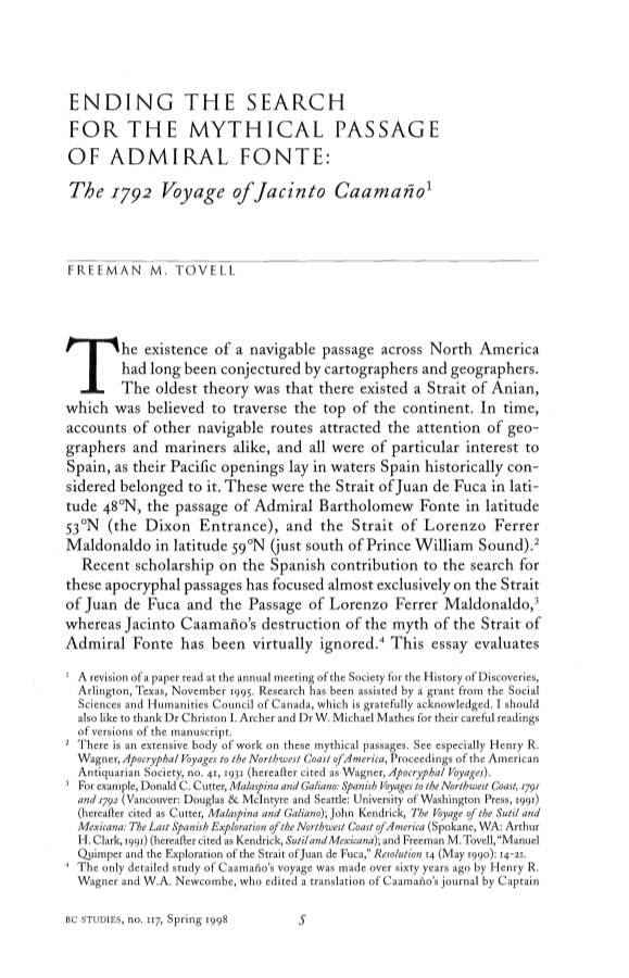 ENDING the SEARCH for the MYTHICAL PASSAGE of ADMIRAL FONTE: the 1J92 Voyage of Jacinto Caamano1