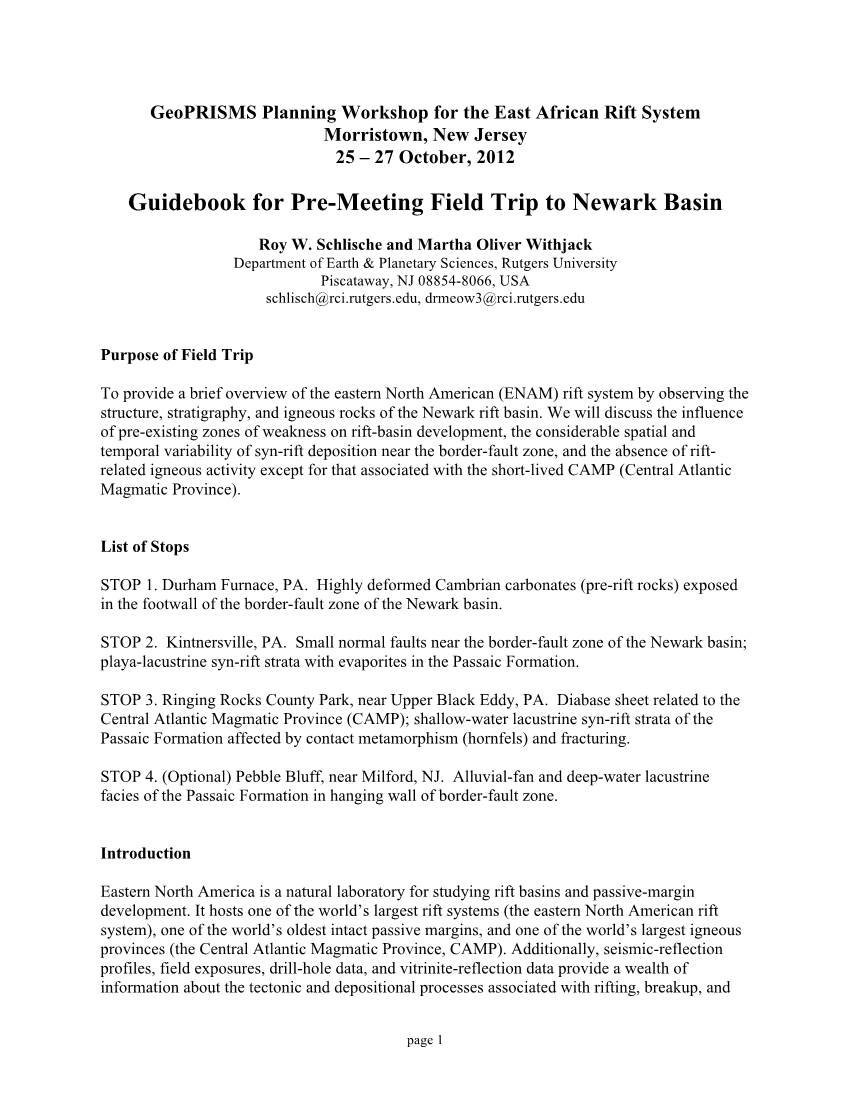 Guidebook for Pre-Meeting Field Trip to Newark Basin