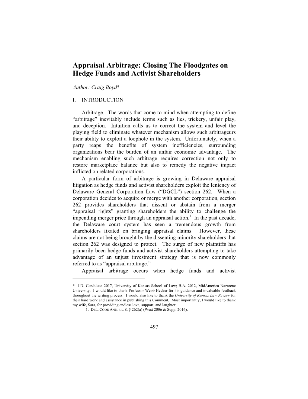 Appraisal Arbitrage: Closing the Floodgates on Hedge Funds and Activist Shareholders