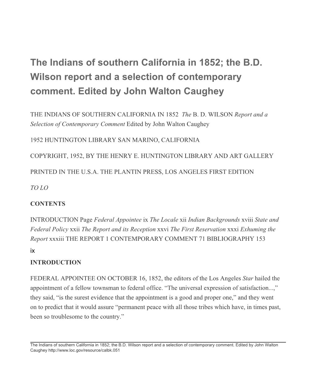 The Indians of Southern California in 1852; the B.D. Wilson Report and a Selection of Contemporary Comment