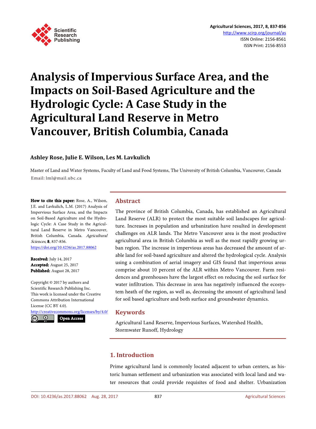 Analysis of Impervious Surface Area, and the Impacts on Soil-Based Agriculture and the Hydrologic Cycle: a Case Study in The