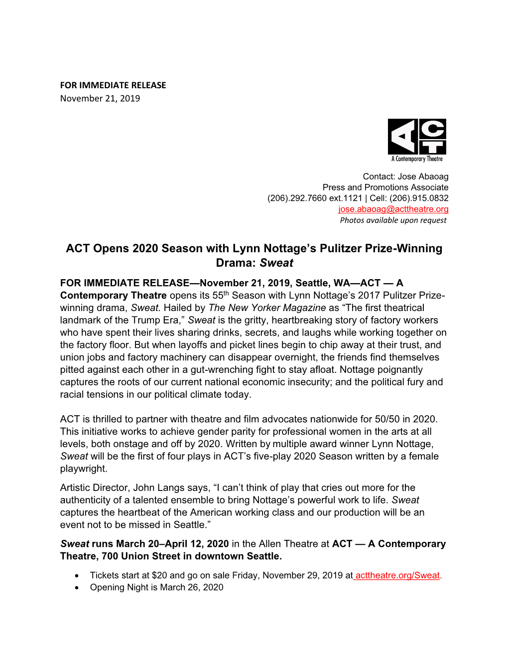 ACT Opens 2020 Season with Lynn Nottage's Pulitzer
